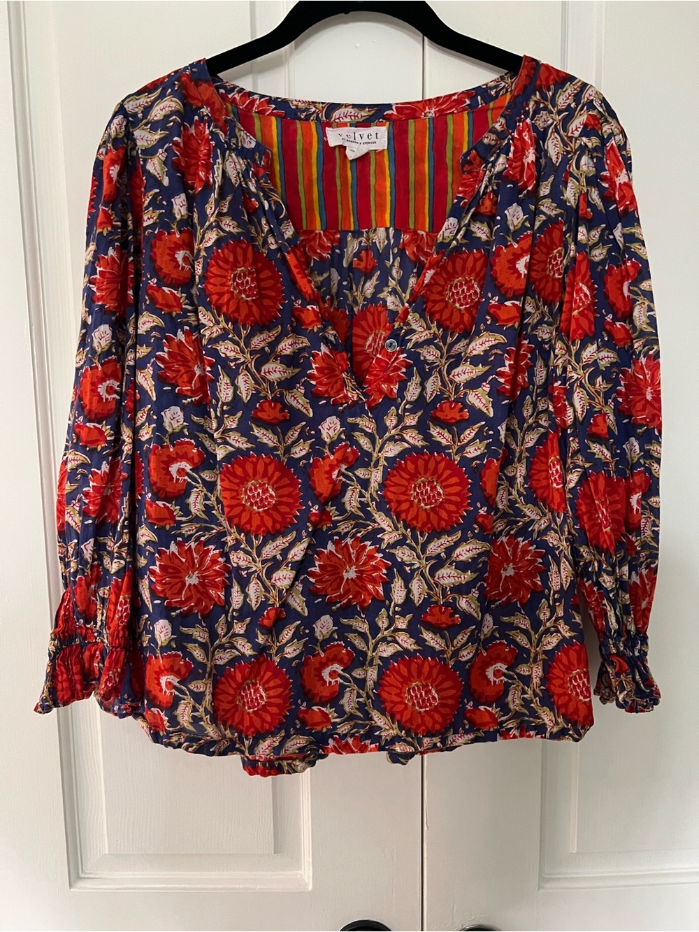 Velvet by Graham & Spencer Navy & Red Floral Peasant Blouse